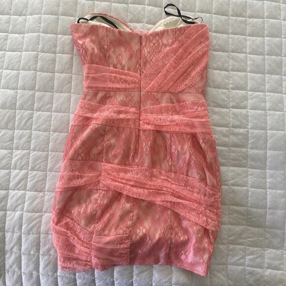 BEBE Womens Dress Small Coral Pink Lace Mini Sheath Retro Y2K Coquette Party - Picture 4 of 10